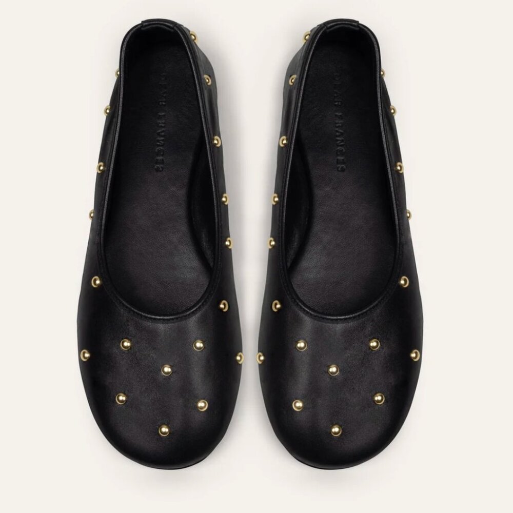 Dear Frances | Black Leather Bala Gold Studs Ballerina Flats | 38
